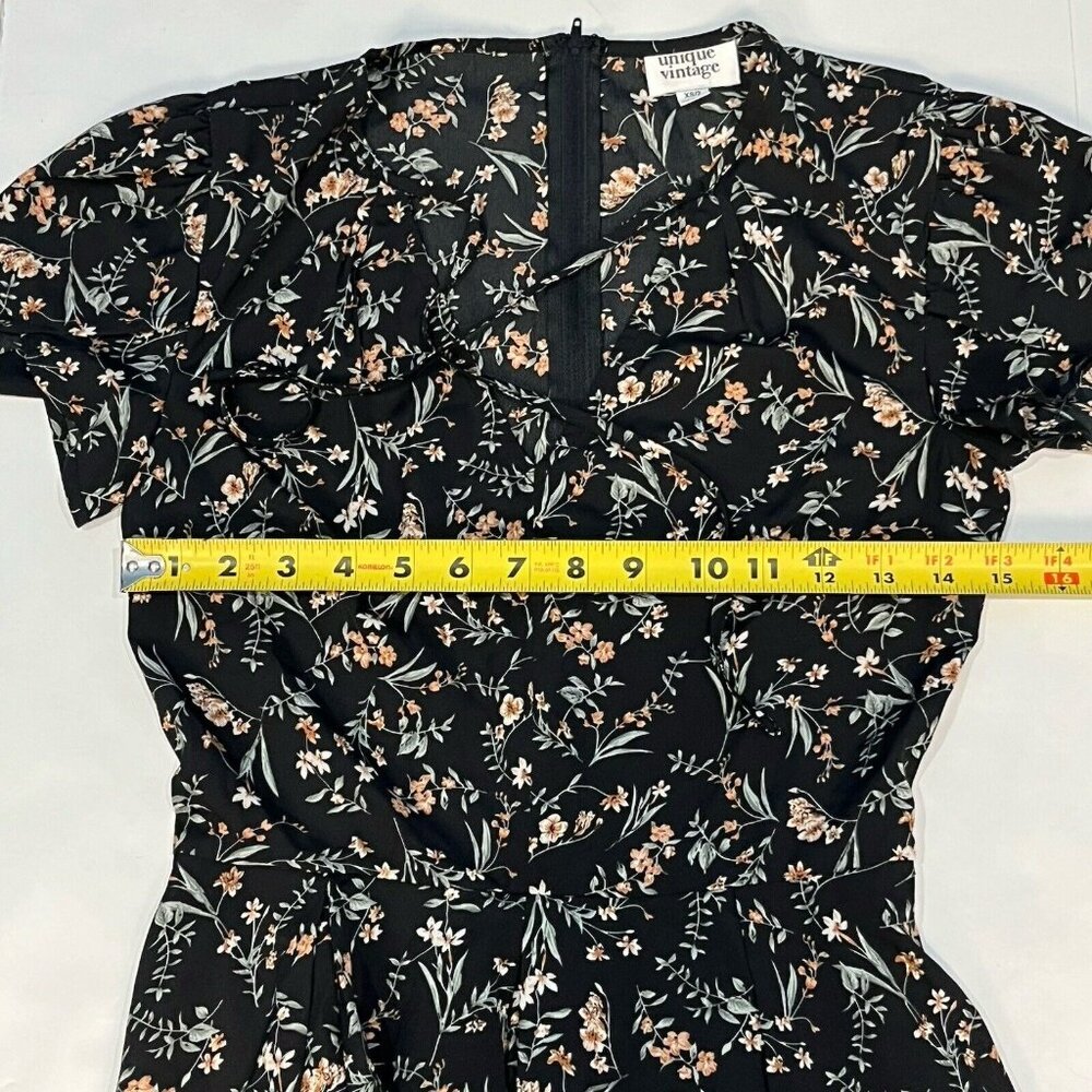 Unique Vintage Black Floral Open Front Tie Fit And Flare Dress Women Size XS/2 - Picture 12 of 14